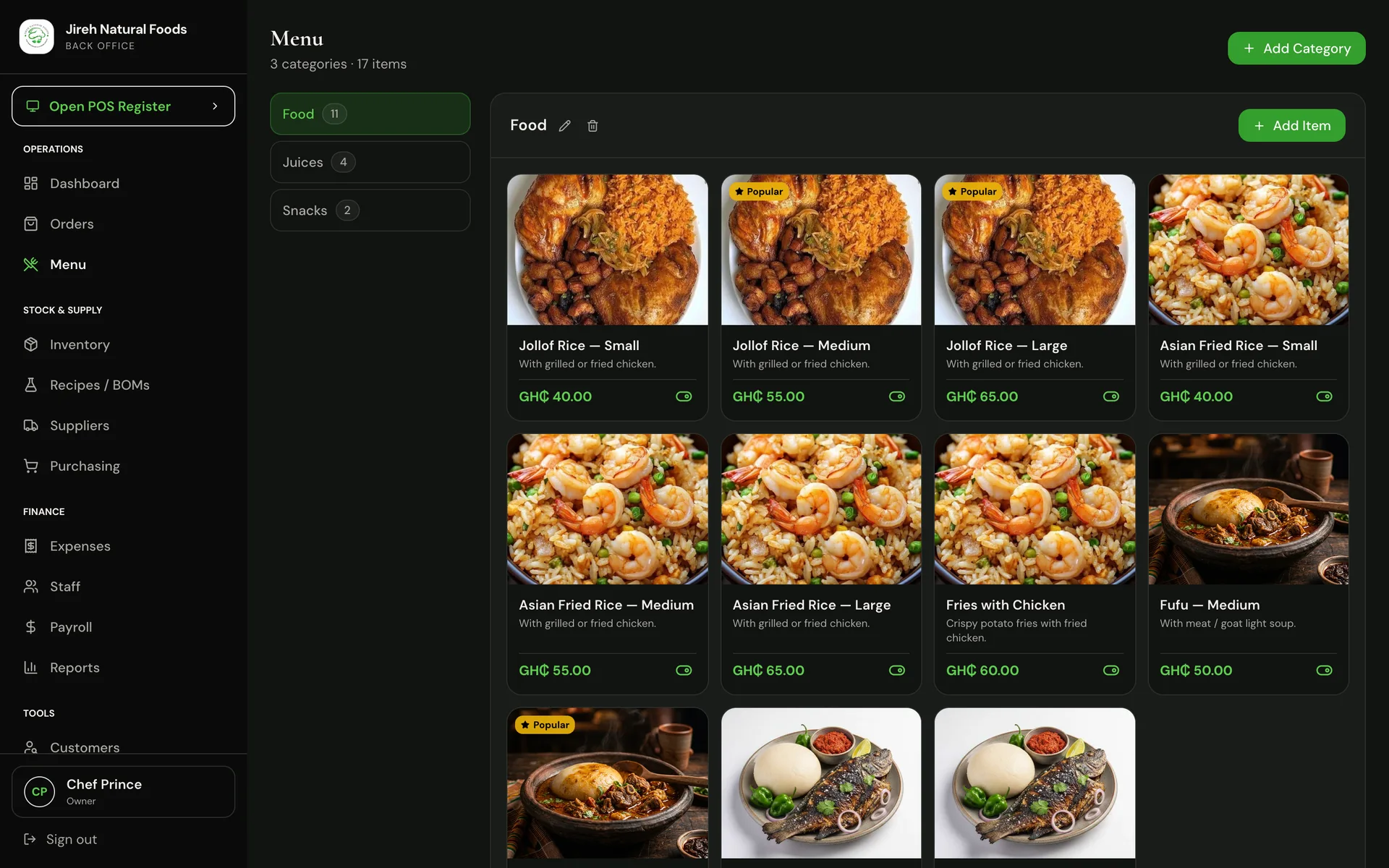 Jireh Natural Foods — menu (actual product)